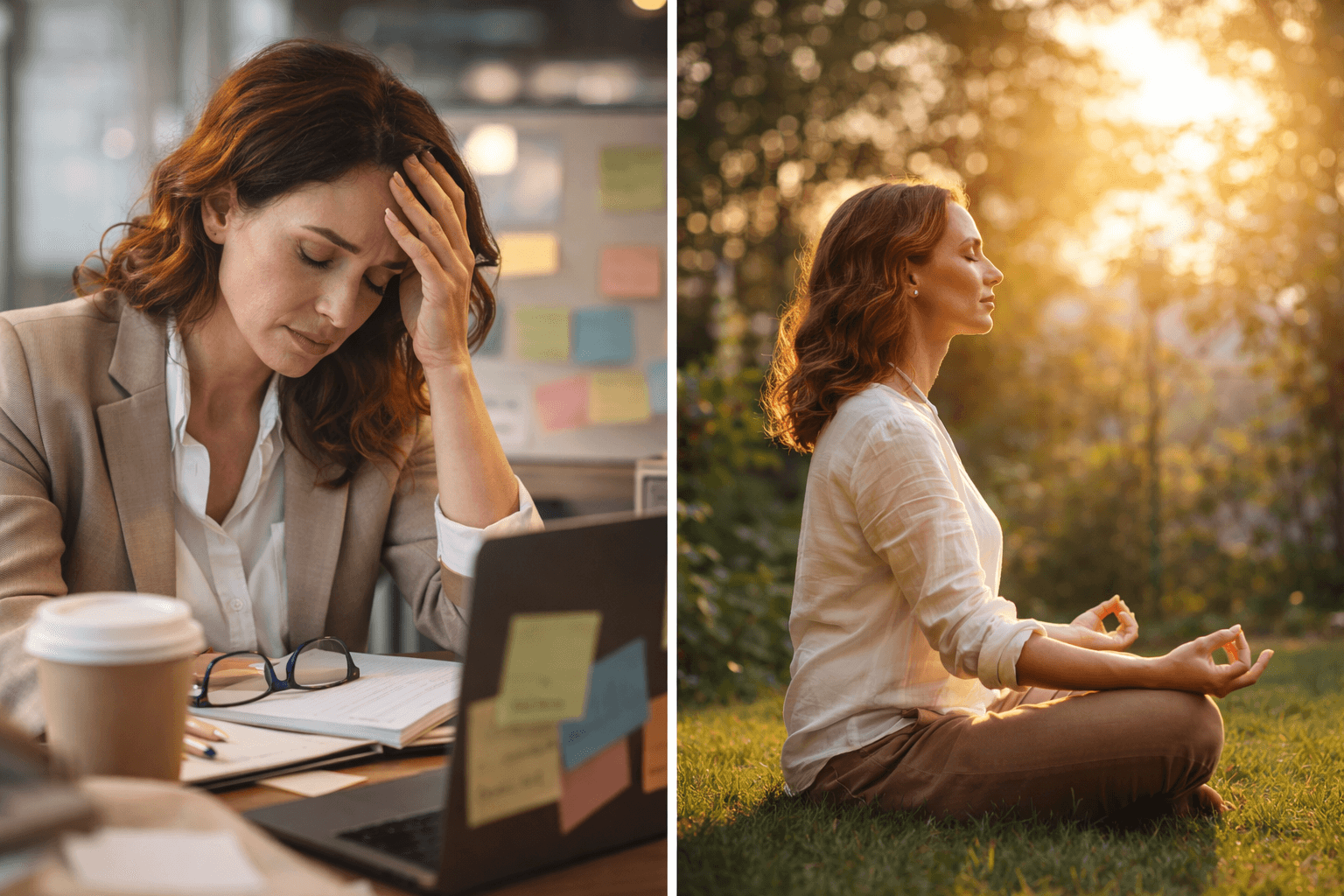 Overwhelmed businesswoman working at a cluttered desk contrasted with a calm woman meditating outdoors at sunset, symbolizing recovery from burnout and toxic productivity.
